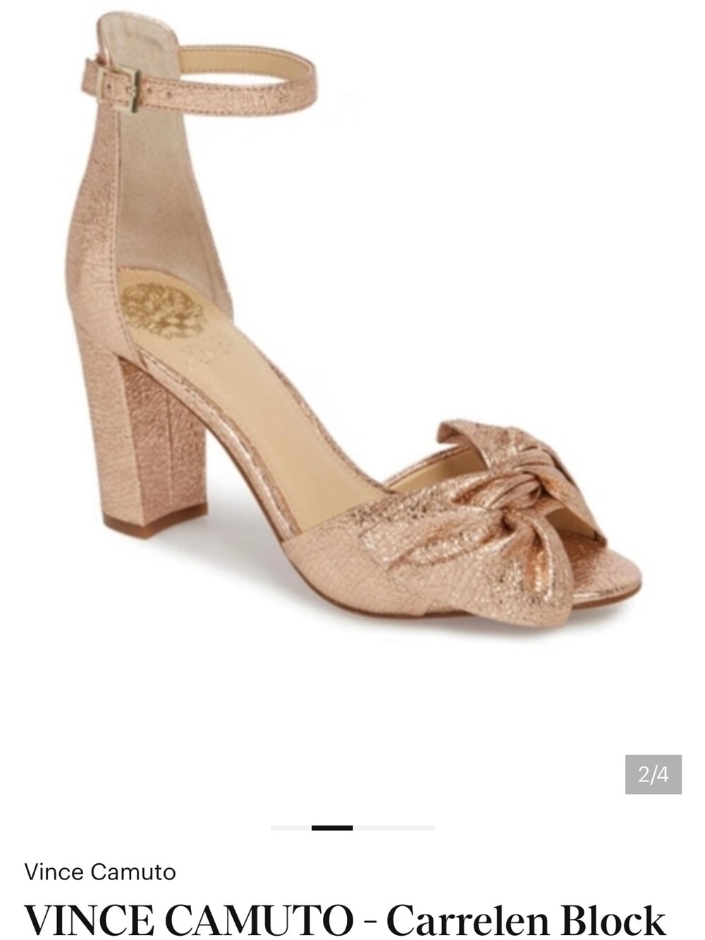 Vince Camuto Metallic Rose Gold Knot Ankle Strap Block Heel Sandal